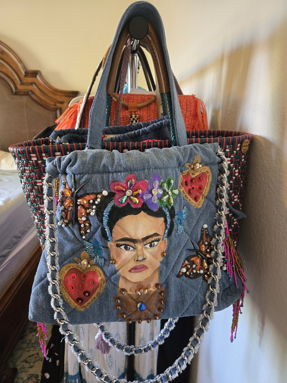 Frida Portrait Embroidered Denim Tote Bag - Blue